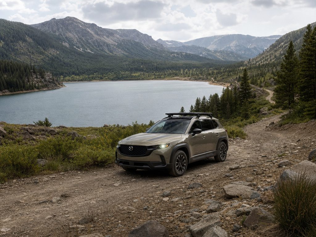 A close-up of the CX-50's driver-focused cabin, highlighting the high-mounted 10.25-inch infotainment screen and premium Terracotta leather seats.