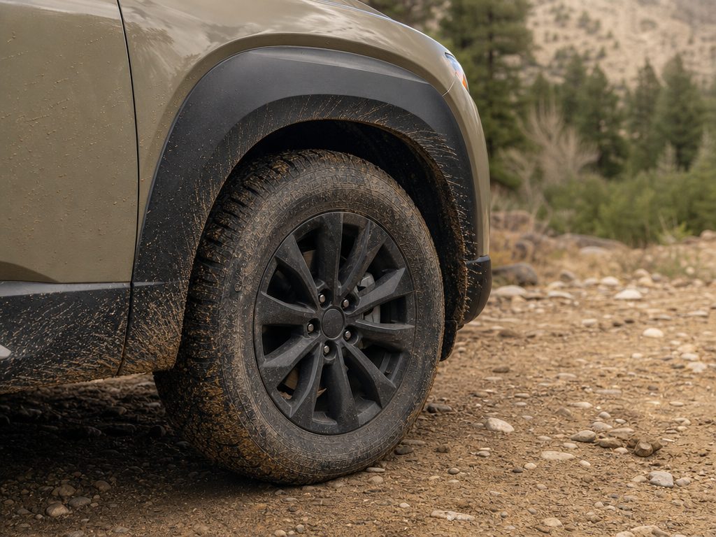 The rugged Mazda CX-50 Meridian Edition equipped with 18-inch wheels and Falken Wildpeak all-terrain tires navigating a dirt trail.