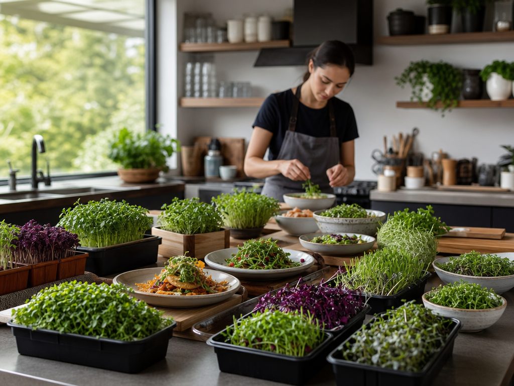 Beyond the Garnish: Creative and Delicious Ways to Cook with Microgreens (article editorial guide): a wide establishing shot of the subject