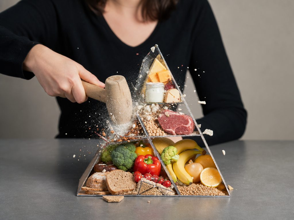 Beyond the Triangle: Why the Classic Food Pyramid Failed Us (article editorial guide): a person interacting with the subject, face not prominent