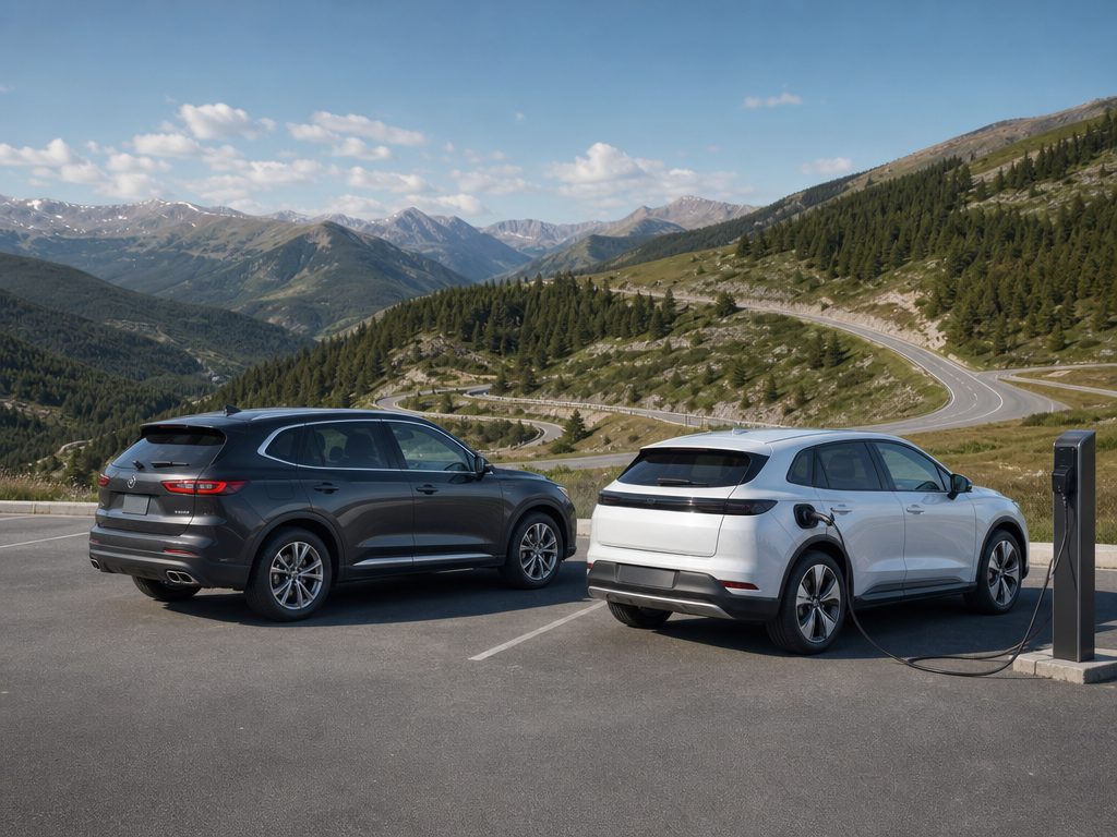 Driving Green: A Practical Guide to Choosing Between Gas and Electric Vehicles (article editorial guide): a wide establishing shot of the subject