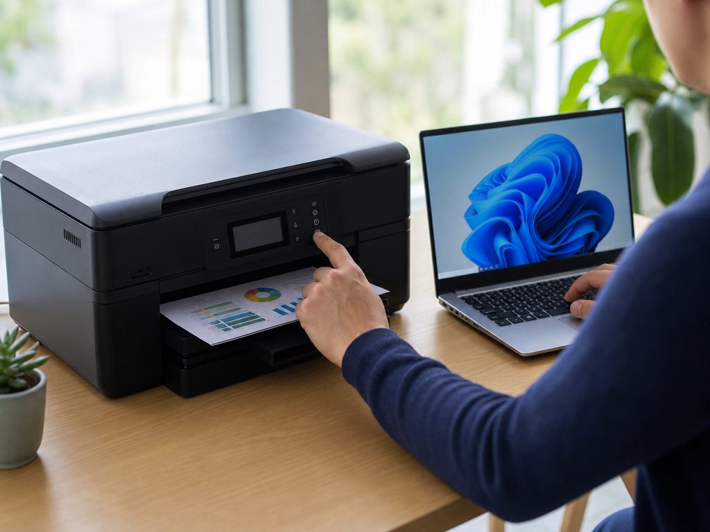 How to Connect a Wireless Printer to Windows 11 or Windows 10 (article editorial guide): a person interacting with the subject, face not prominent