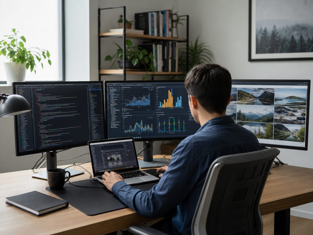 How to Setup 3 Monitors on Your Laptop for Maximum Productivity (article editorial guide): a person interacting with the subject, face not prominent