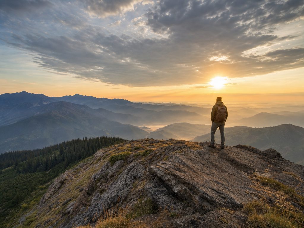 Mastering the Momentum Loop: How to Build and Sustain Positive Life Trajectory (article editorial guide): a wide establishing shot of the subject