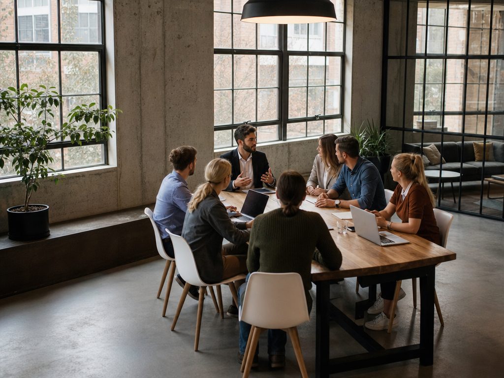 Navigating the Shift: How to Lead Teams Successfully Through Workplace Volatility (article editorial guide): a wide establishing shot of the subject