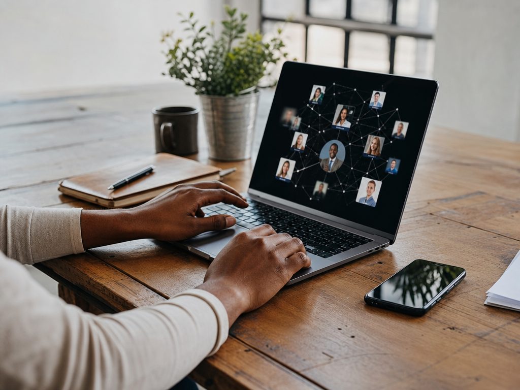 Navigating the Web: The Essential Pros and Cons of Professional Networking (article editorial guide): a person interacting with the subject, face not prominent