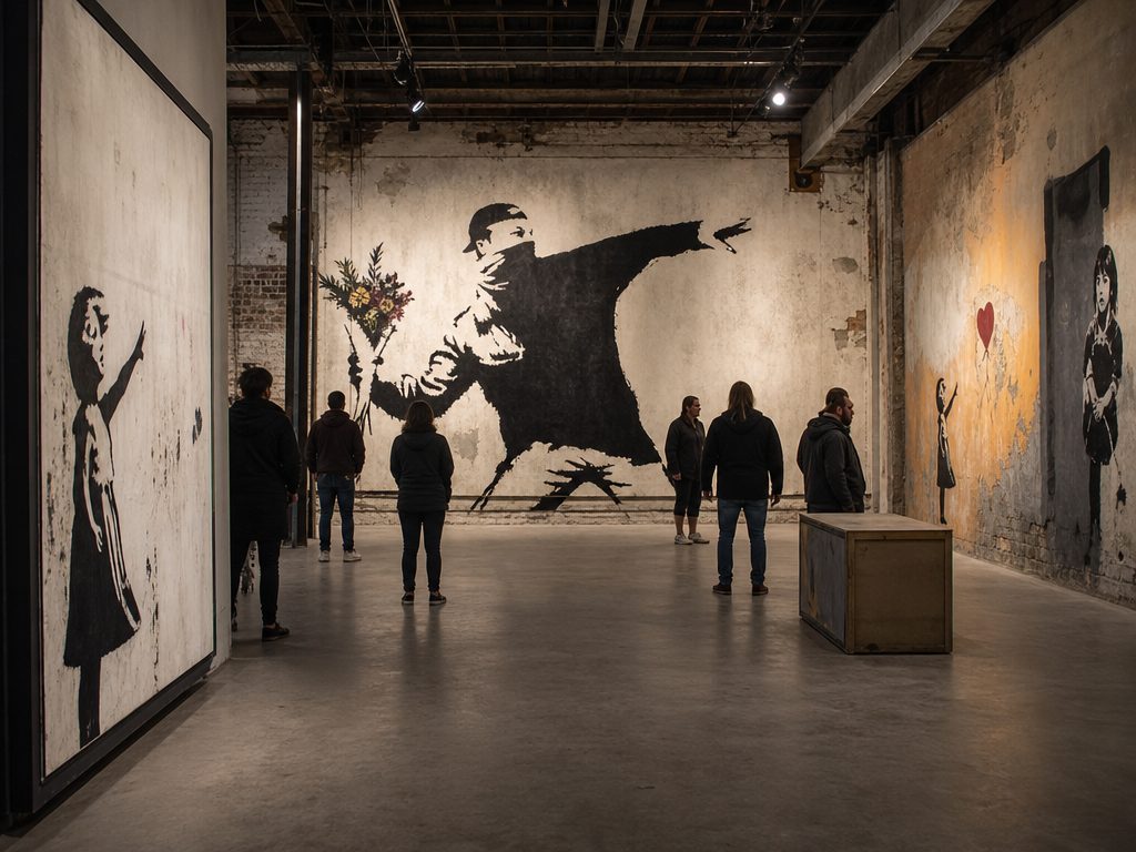 Navigating Unauthorized Banksy Exhibitions: A Smart Fan's Guide (article editorial guide): a wide establishing shot of the subject