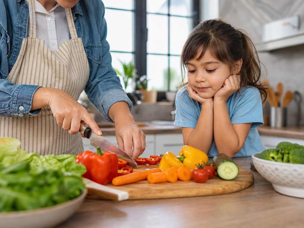 Raising Healthy Eaters: Practical Strategies to Build Lifelong Nutritional Habits (article editorial guide): a person interacting with the subject, face not prominent