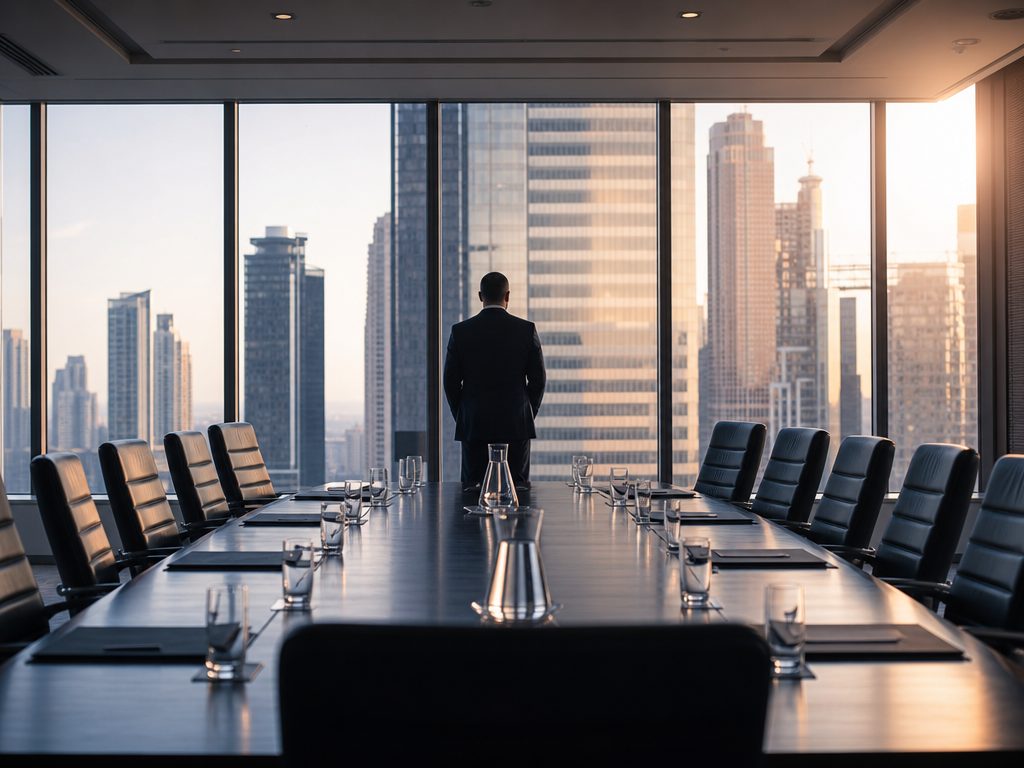 Surviving a New CEO Purge: How Board Governance Can Reverse a Sudden Termination (article editorial guide): a wide establishing shot of the subject