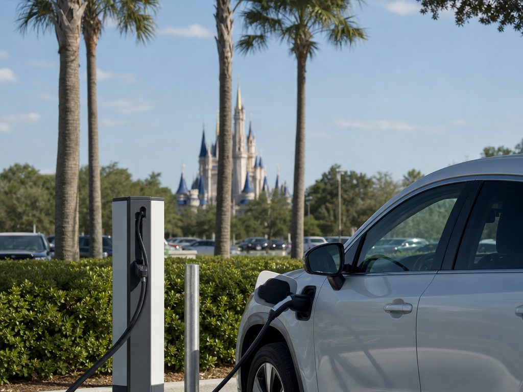 The Complete Guide to Charging Your Electric Vehicle at Disney Parks (article editorial guide): a wide establishing shot of the subject