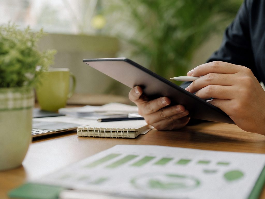 The Green Ledger: How Going Paperless Saves Cash and the Planet (article editorial guide): a close-up detail shot of the subject