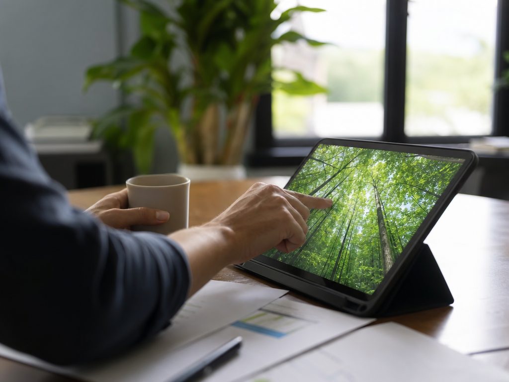 The Green Ledger: How Going Paperless Saves Cash and the Planet (article editorial guide): a person interacting with the subject, face not prominent
