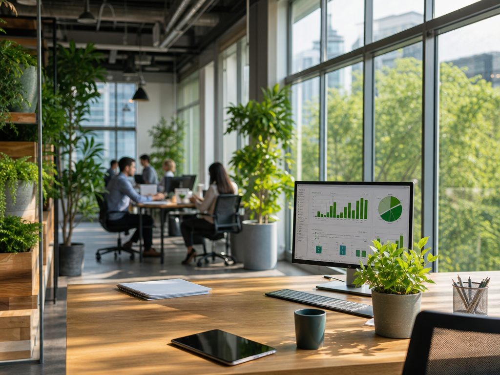The Green Ledger: How Going Paperless Saves Cash and the Planet (article editorial guide): a wide establishing shot of the subject